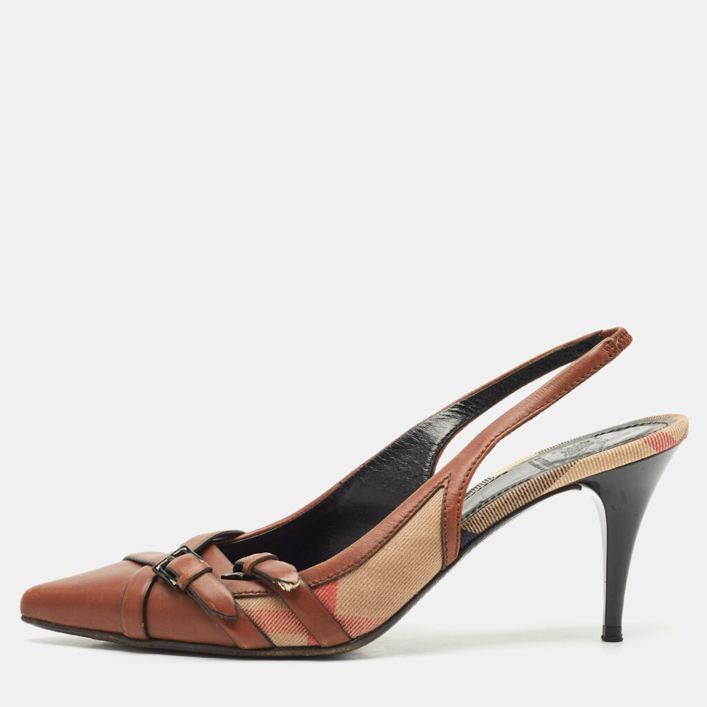 luxury-women-burberry-used-shoes-p1169115-007 Burberry Brown Leather And Novacheck Buckle Slingback Sandals Size 39