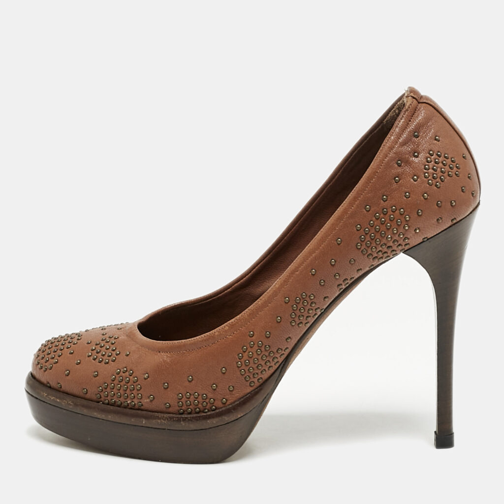 luxury-women-burberry-used-shoes-p1169388-001 Burberry Brown Leather Studded Platform Pumps Size 38