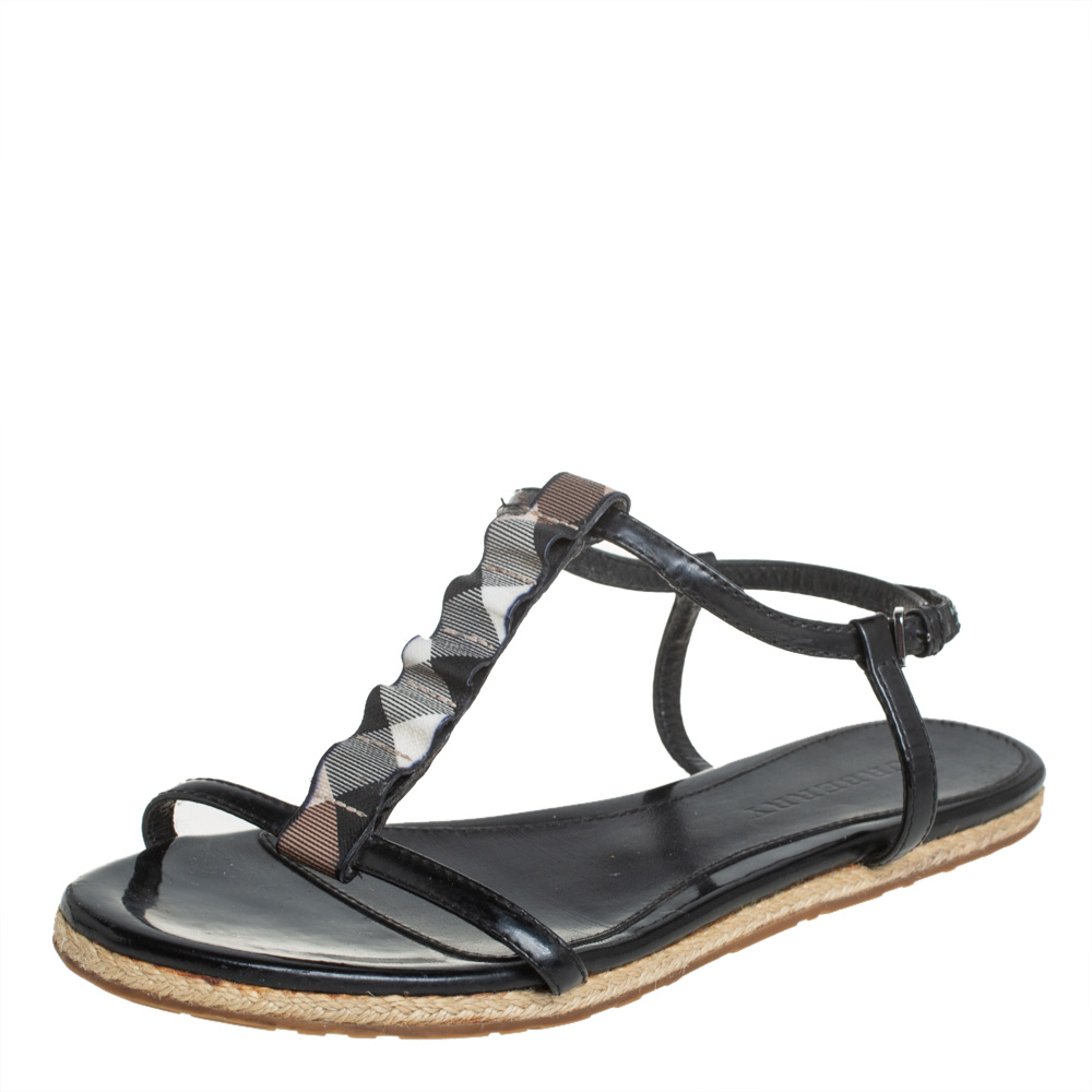 luxury-women-burberry-used-shoes-p405522-006 Burberry Black Leather Westerdale T Strap Espadrille Flat Sandals Size 40