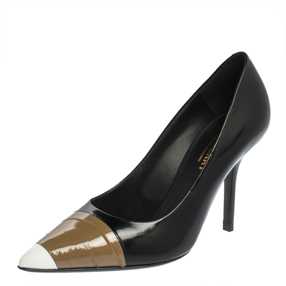 luxury-women-burberry-used-shoes-p410100-003 Burberry Black/Brown Leather And Patent Leather Pointed Toe Annalise Pumps Size 37
