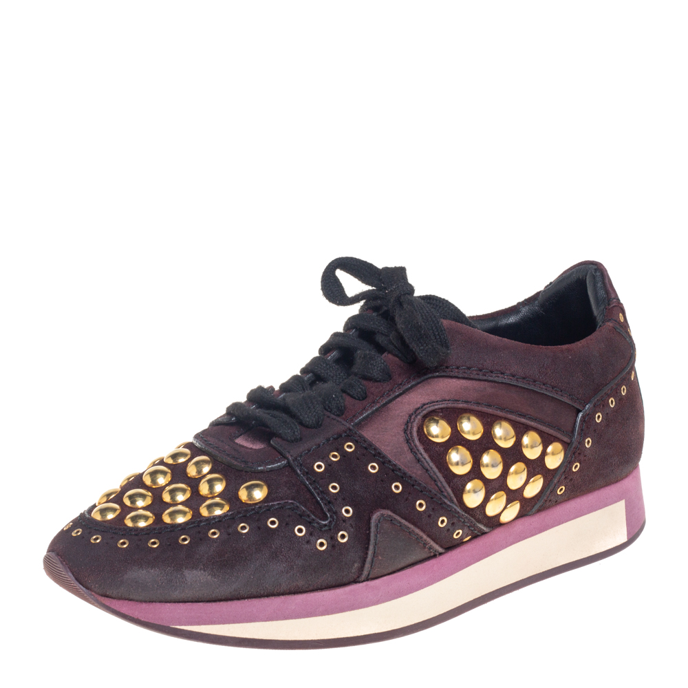 luxury-women-burberry-used-shoes-p434801-006 Burberry Burgundy Suede And Satin Studded Low Top Sneakers Size 38