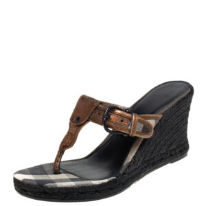 Burberry Metallic Bronze Leather Wedge Espadrille Thong Slide Sandals Size 39