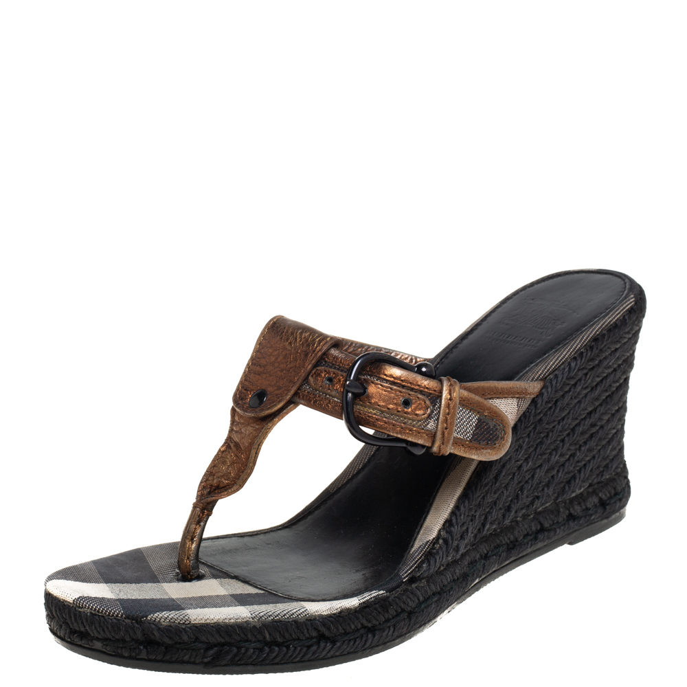 luxury-women-burberry-used-shoes-p444838-004 Burberry Metallic Bronze Leather Wedge Espadrille Thong Slide Sandals Size 39