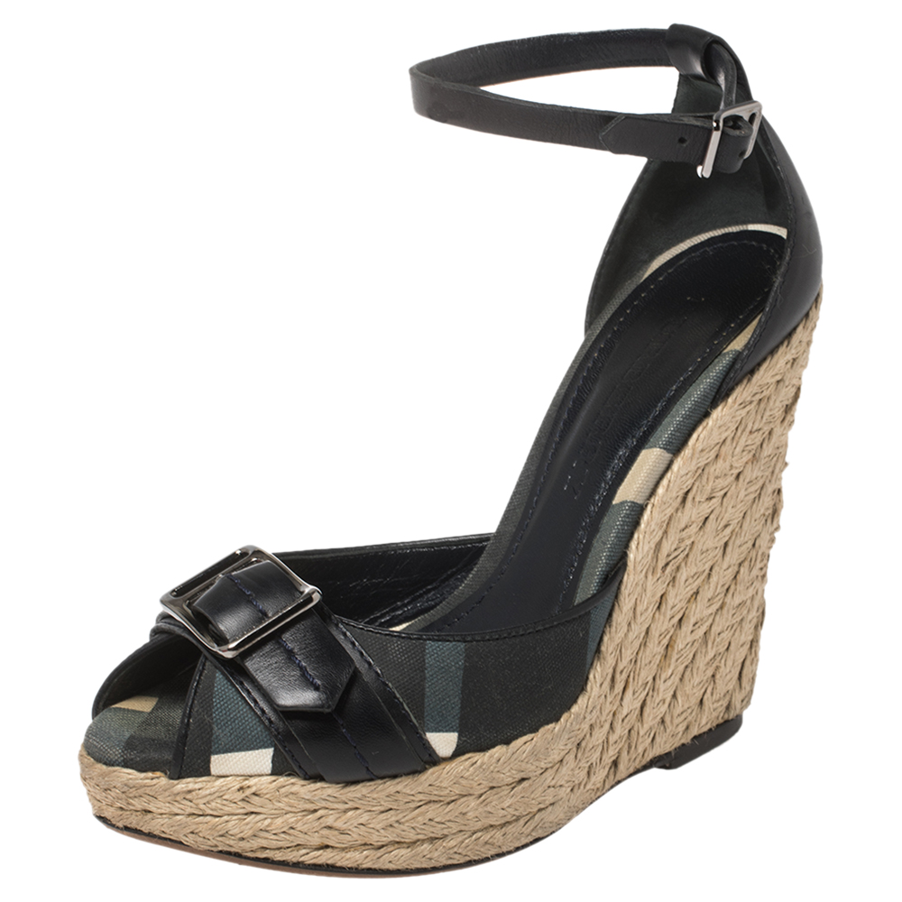 luxury-women-burberry-used-shoes-p461415-002 Burberry Black Leather and Novacheck Canvas Buckle Detail Peep Toe Espadrille Wedge Sandals Size 36