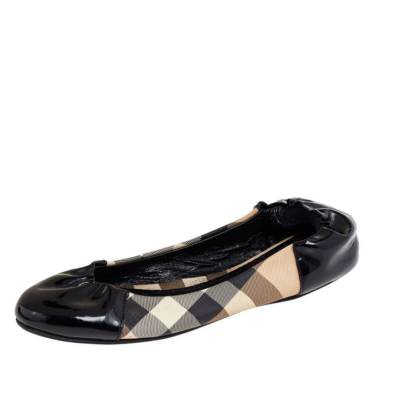 luxury-women-burberry-used-shoes-p492188-1631356159-002 Burberry Black Patent Leather And Nova Check Coated Canvas Scrunch Ballet Flats Size 36
