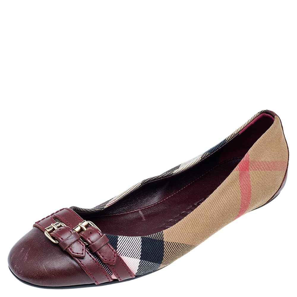 luxury-women-burberry-used-shoes-p541629-008-2 Burberry Beige/Burgundy Nova Check Canvas And Leather Ballet Flats Size 35