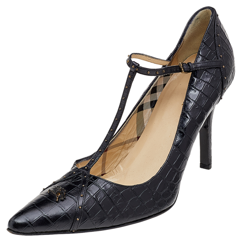 luxury-women-burberry-used-shoes-p551392-007-2 Burberry Black Croc Embossed Leather Pumps Size 40
