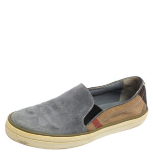 Burberry Ash Blue Suede and House Check Canvas Slip-On Sneakers Size 36.5