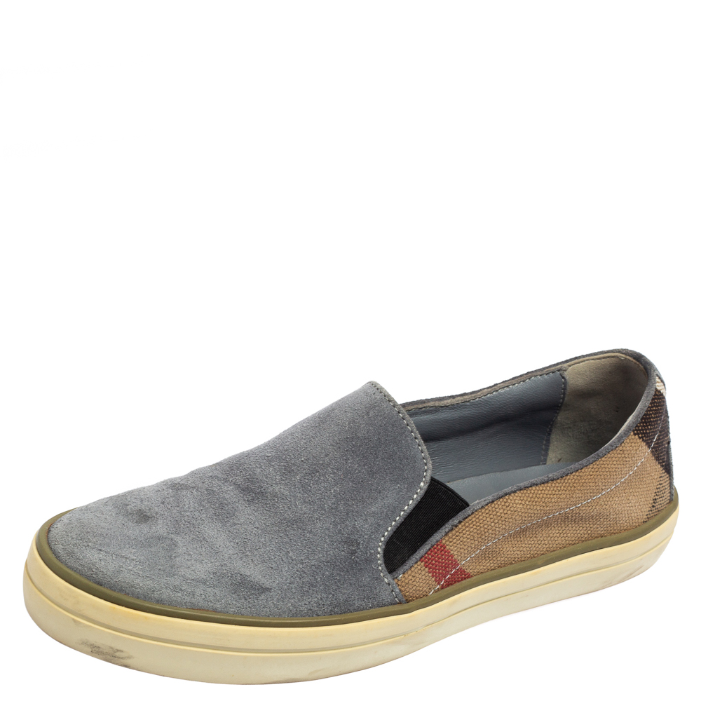 luxury-women-burberry-used-shoes-p554670-001-1 Burberry Ash Blue Suede and House Check Canvas Slip-On Sneakers Size 36.5