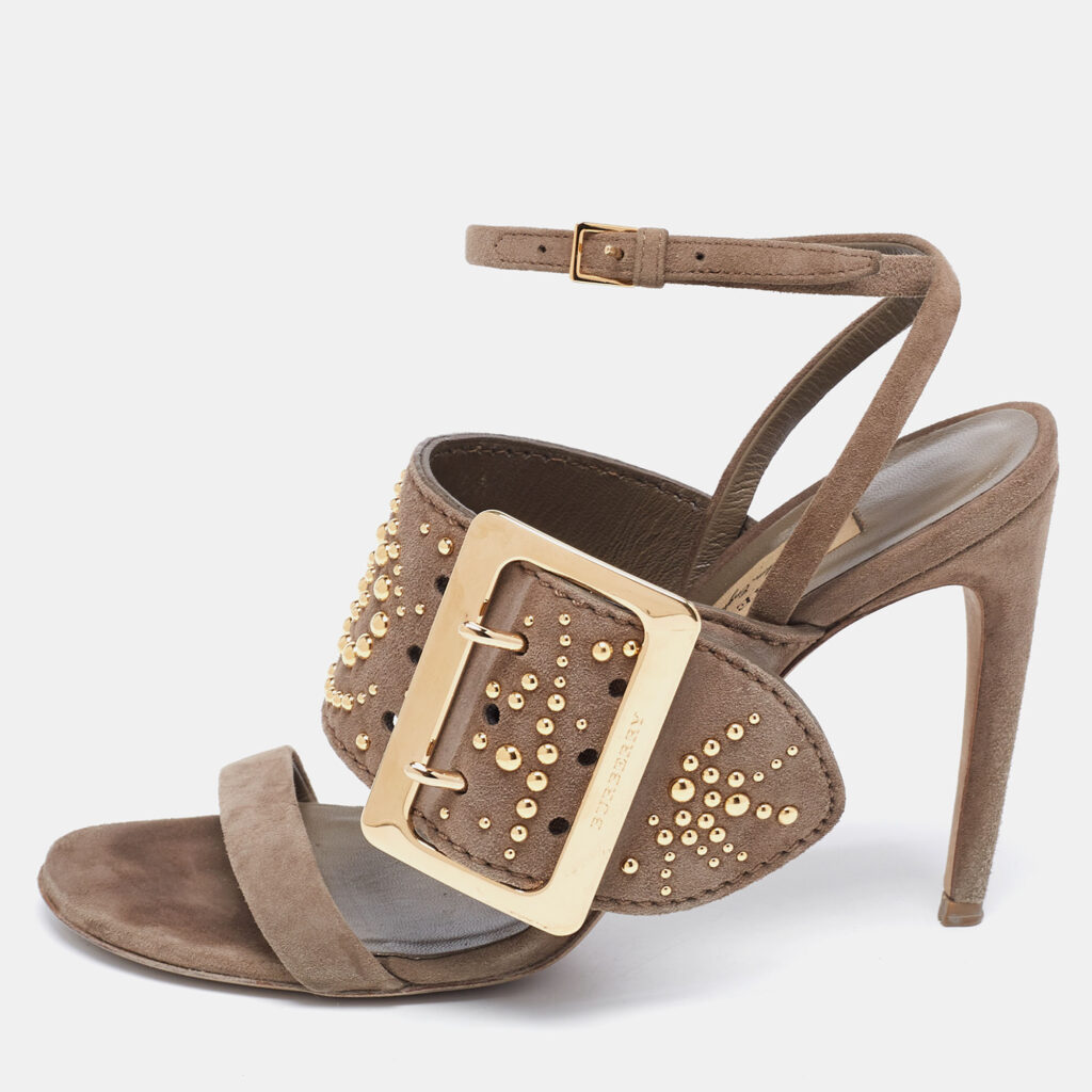 luxury-women-burberry-used-shoes-p646534-010 Burberry Grey Suede Studded Padstow Ankle-Wrap Sandals Size 37