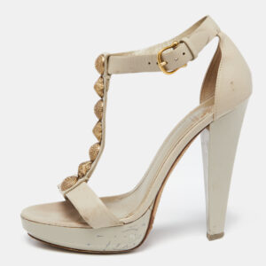 Burberry Grey Leather Embellished T-Strap Platform Sandals Size 38