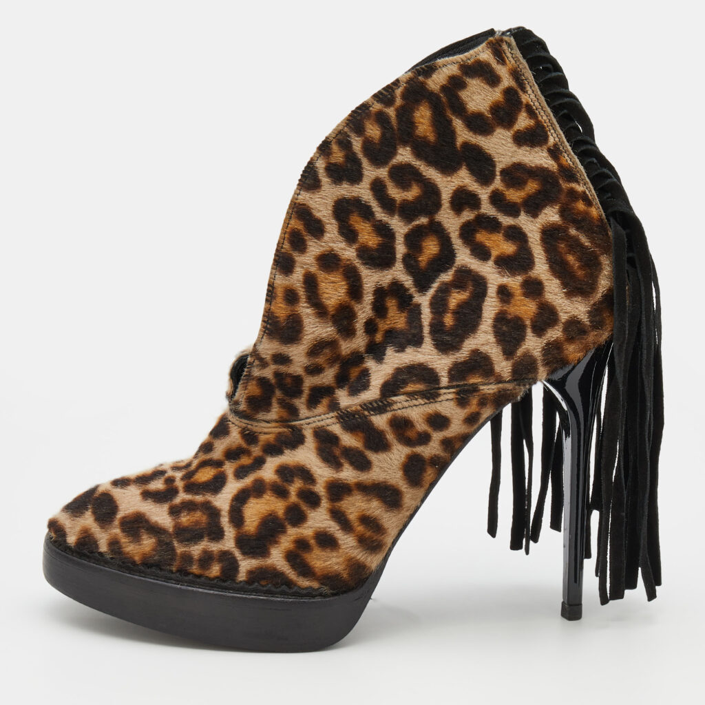 luxury-women-burberry-used-shoes-p720098-002 Burberry Beige/Brown Leopard Print Calf Hair Fringe Ankle Boots Size 37