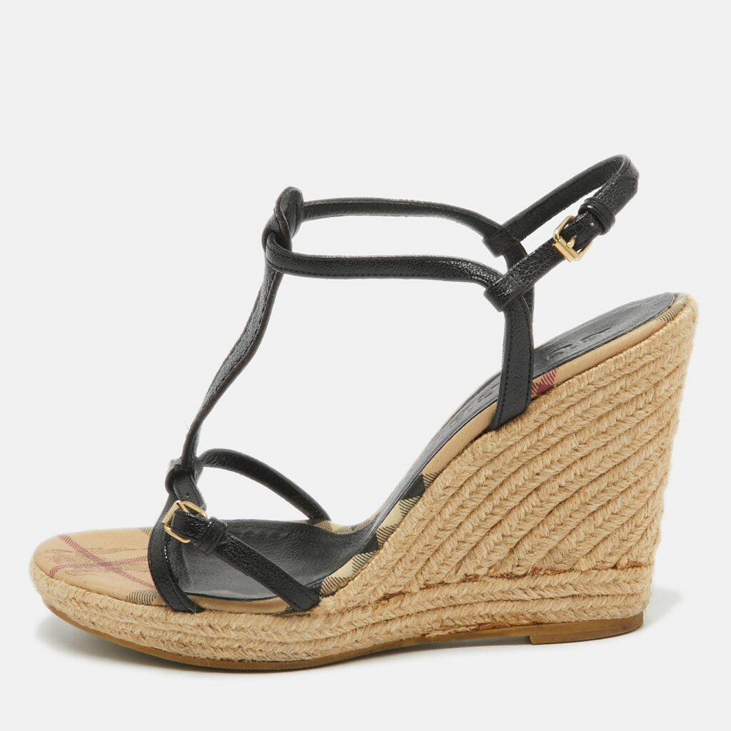 luxury-women-burberry-used-shoes-p970246-001 Burberry Black Leather T-Bar Espadrille Wedge Sandals Size 39