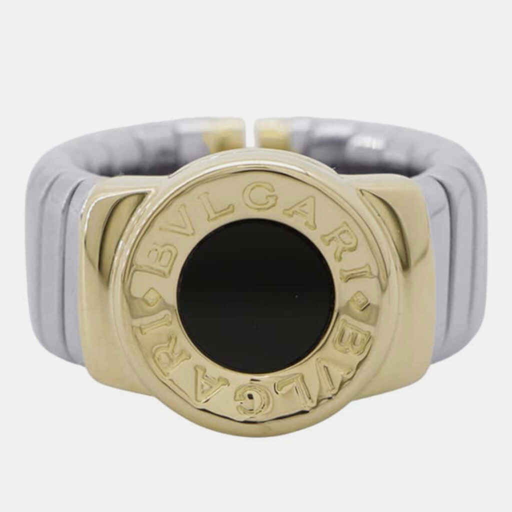 Bvlgari 18K Yellow Gold and Stainless Steel Tubogas Band Ring EU 48