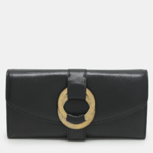 Bvlgari Black Leather Double Ring Flap Continental Wallet