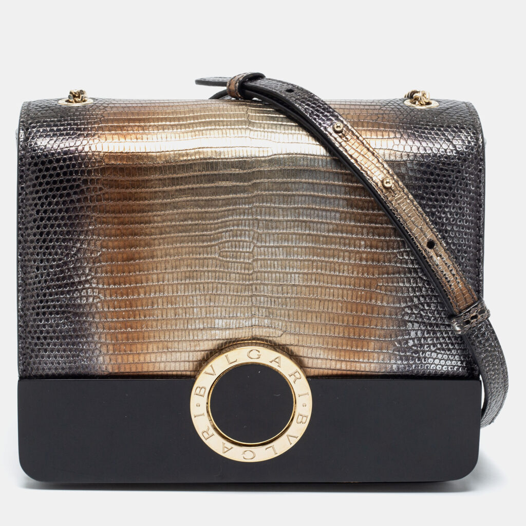 luxury-women-bvlgari-used-handbags-p672589-015-1 Bvlgari Metallic/Black Lizard,Perspex and Leather Small Flap Cover Shoulder Bag
