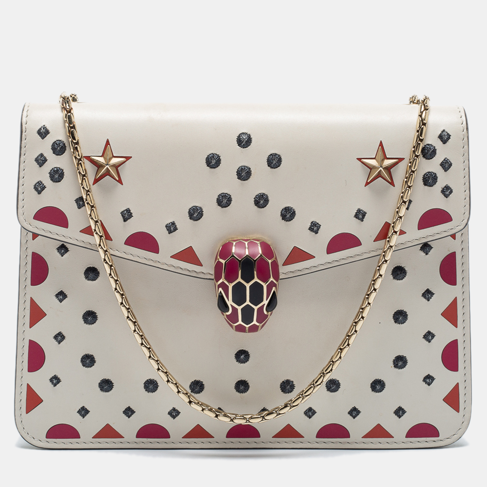 luxury-women-bvlgari-used-handbags-p744382-002 Bvlgari Off White Printed and Embroidered Leather Small Serpenti Forever Shoulder Bag