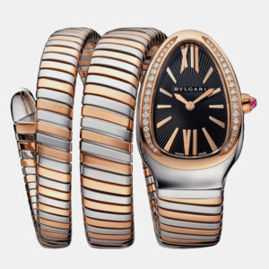 bvlgari black 18k rose gold stainless stell diamond serpenti tubogas 102680 women's wristwatch 35 mm