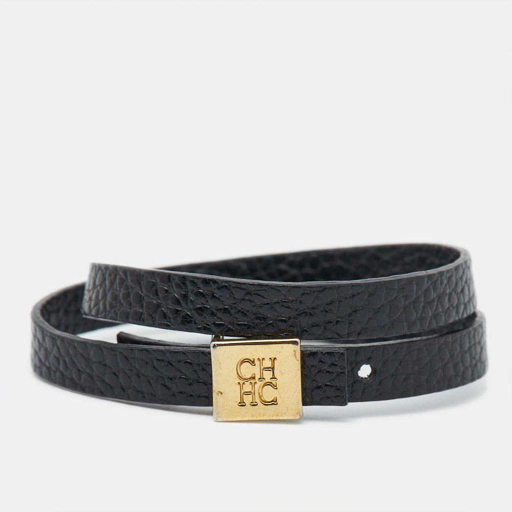 luxury-women-carolina-herrera-used-accessories-p1024567-001 Carolina Herrera CH Black Leather Gold Tone Wrap Bracelet