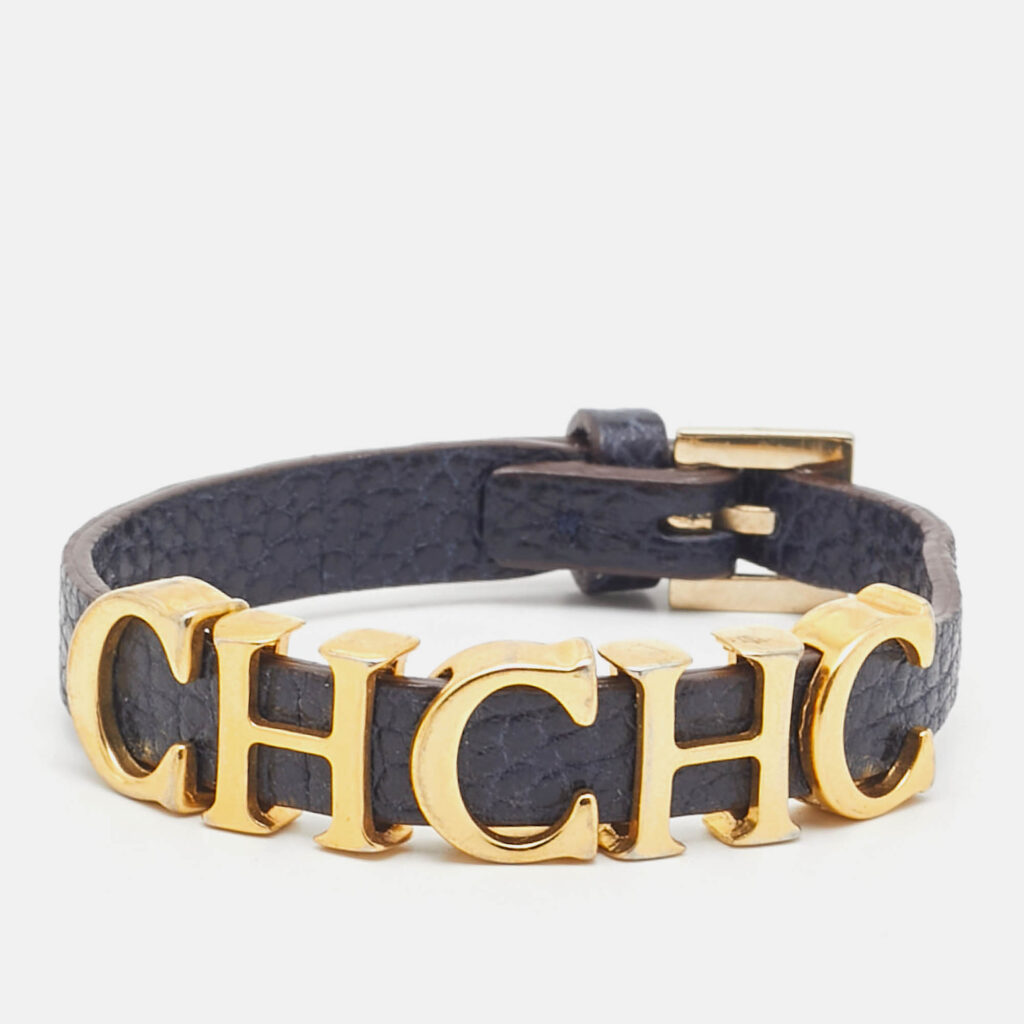 luxury-women-carolina-herrera-used-accessories-p1107307-004 Carolina Herrera Navy Blue Leather Gold Tone Logo Charm Bracelet