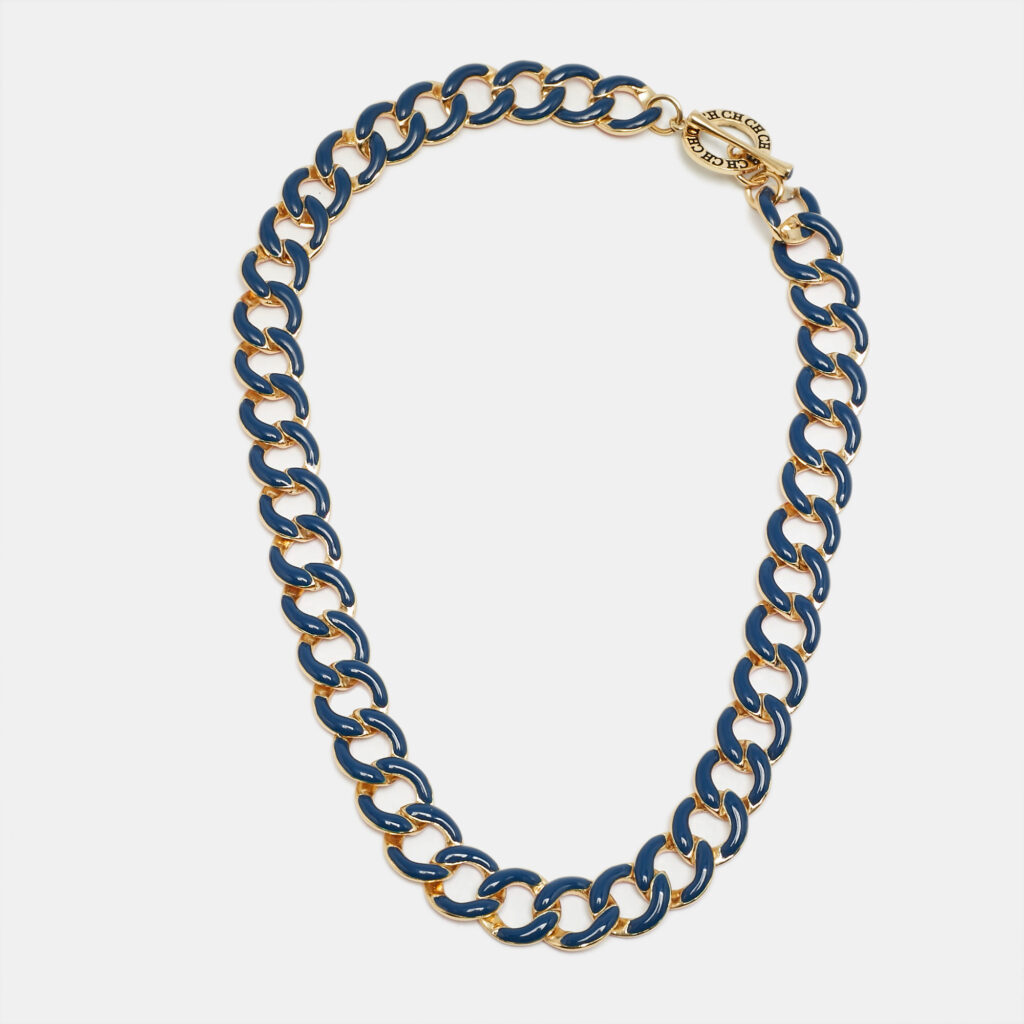 luxury-women-carolina-herrera-used-accessories-p1147027-001 Carolina Herrera CH Blue/Orange Enamel Gold Tone Metal Necklace
