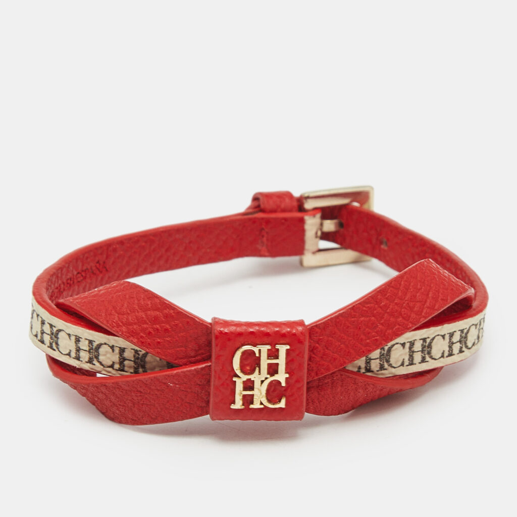 luxury-women-carolina-herrera-used-accessories-p1164884-004 Carolina Herrera CH Red/Beige Monogram Canvas and Leather Gold Tone Ribbon Bracelet