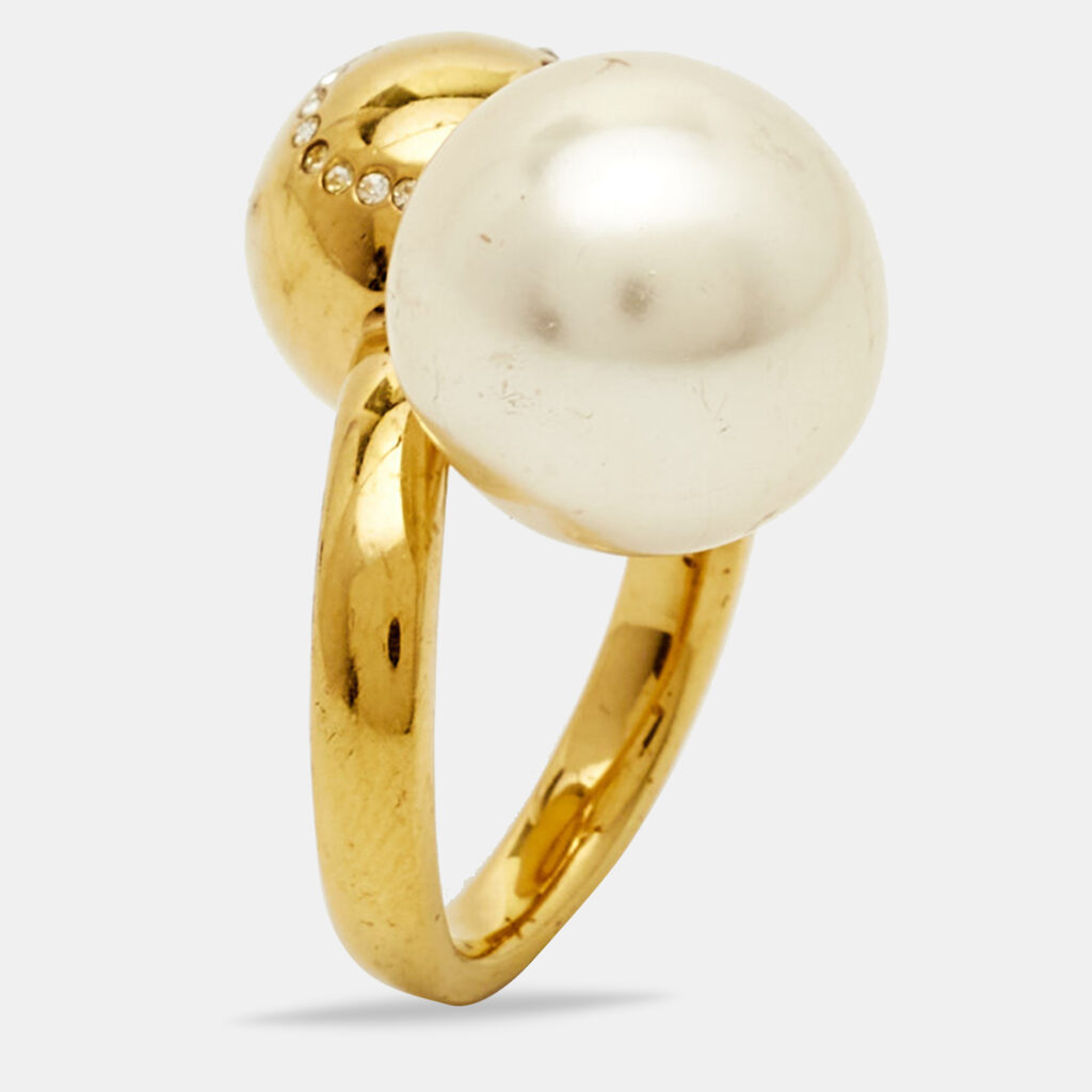 luxury-women-carolina-herrera-used-accessories-p841631-010 Carolina Herrera CH Faux Pearl Crystal Gold Tone Ring Size 49