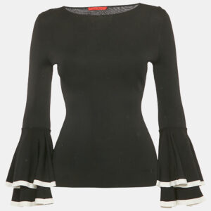 Carolina Herrera Black Stretch Knit Bell Sleeve Top XS