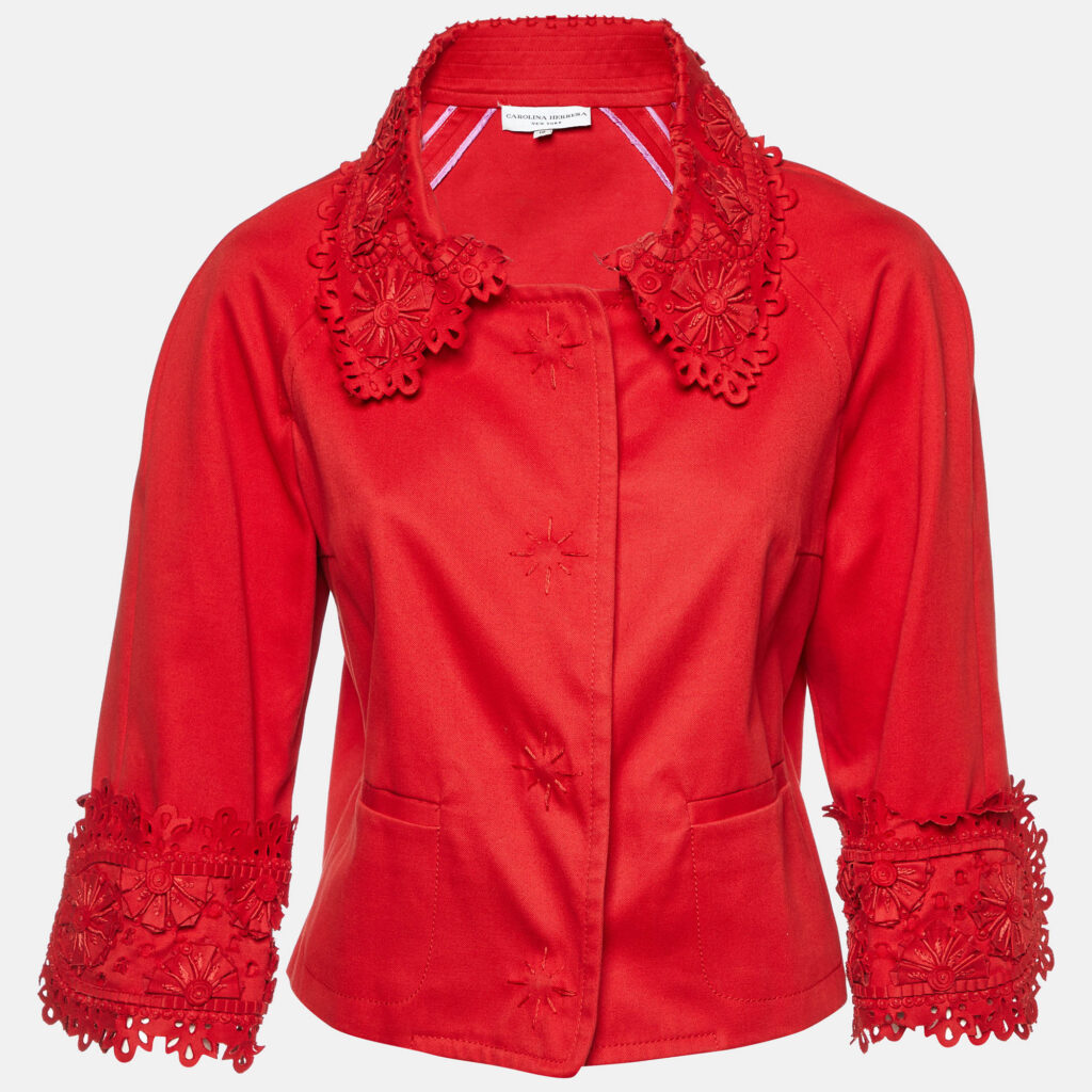 luxury-women-carolina-herrera-used-clothes-p1102493-003 Carolina Herrera Red Gabardine Lace Detail Cropped Jacket L