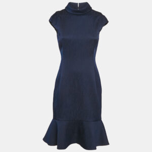 Carolina Herrera Navy Blue Textured Crepe Flounce Short Dress S