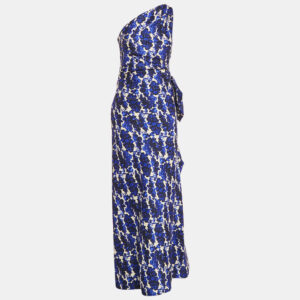 Carolina Herrera Blue Rose Print Cotton Blend One Shoulder Maxi Dress L