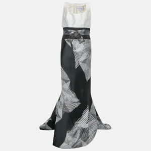 Carolina Herrera White & Black Silk Jacquard Embellished Detail Sleeveless Mermaid Gown L
