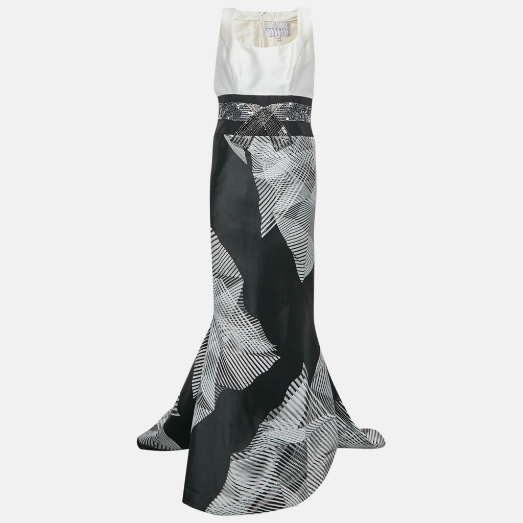 Carolina Herrera White & Black Silk Jacquard Embellished Detail Sleeveless Mermaid Gown L