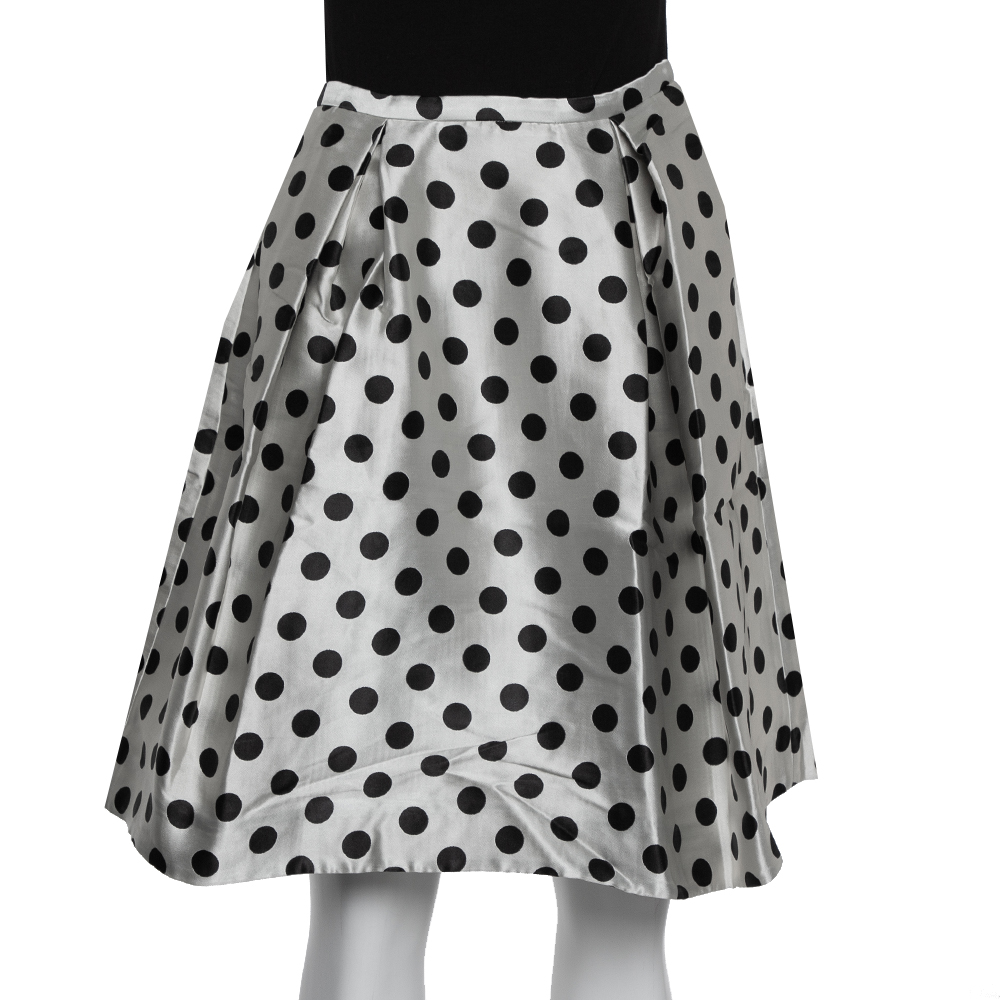 luxury-women-carolina-herrera-used-clothes-p404673-002 CH Carolina Herrera Monochrome Polka Dot Satin Box Pleated Short Skirt XS