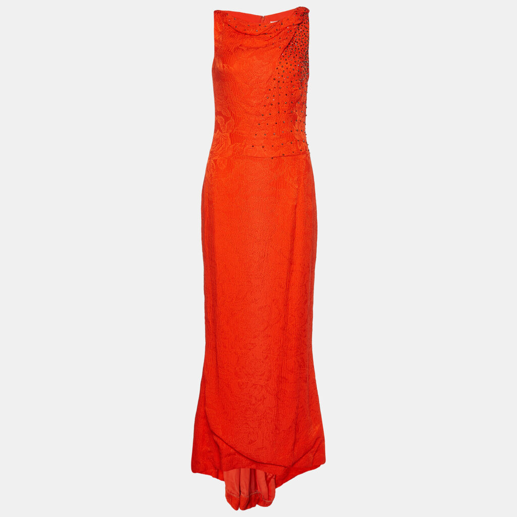 luxury-women-carolina-herrera-used-clothes-p978417-002 Carolina Herrera Orange Crinkled Silk Embellished Maxi Dress S