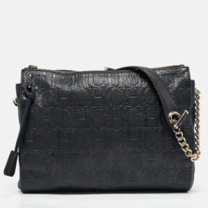 Carolina Herrera Navy Blue Monogram Embossed Leather Chain Shoulder Bag