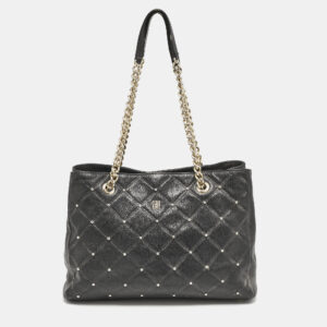 Carolina Herrera Black Logo Embossed Quilted Leather Studded Chain Tote