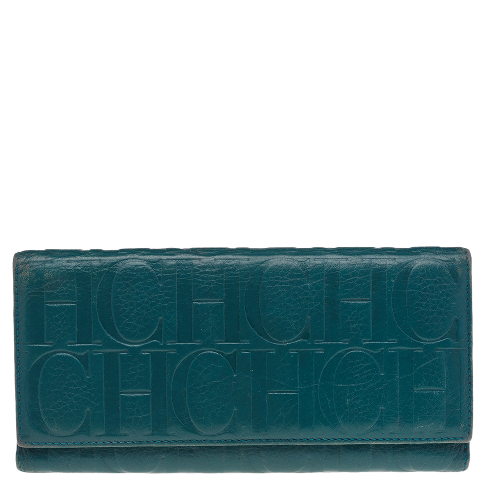 luxury-women-carolina-herrera-used-handbags-p514160-007-2 Carolina Herrera Green Monogram Embossed Leather Flap Continental Wallet