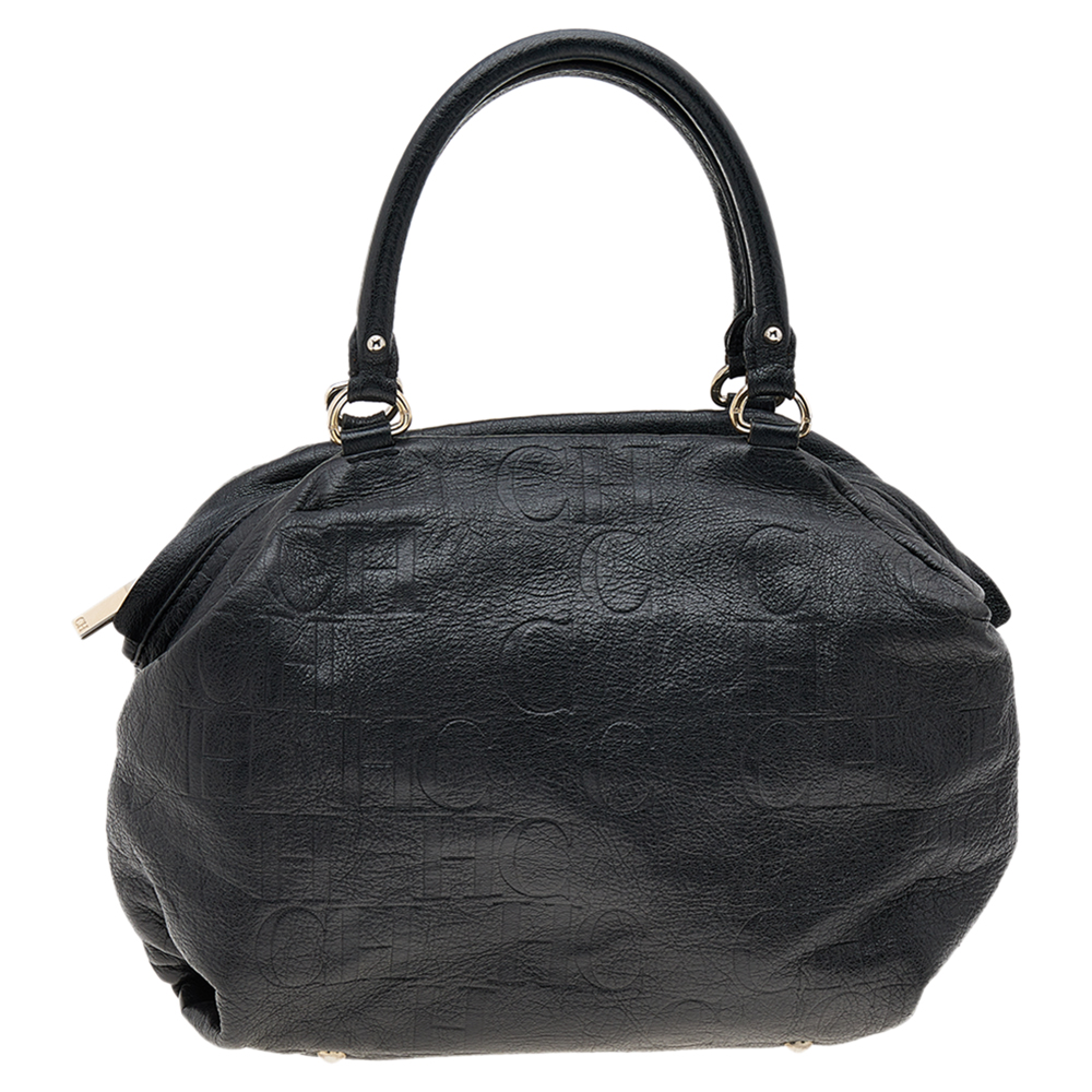 luxury-women-carolina-herrera-used-handbags-p597952-007-2 Carolina Herrera Black Monogram Embossed Leather Boston Bag