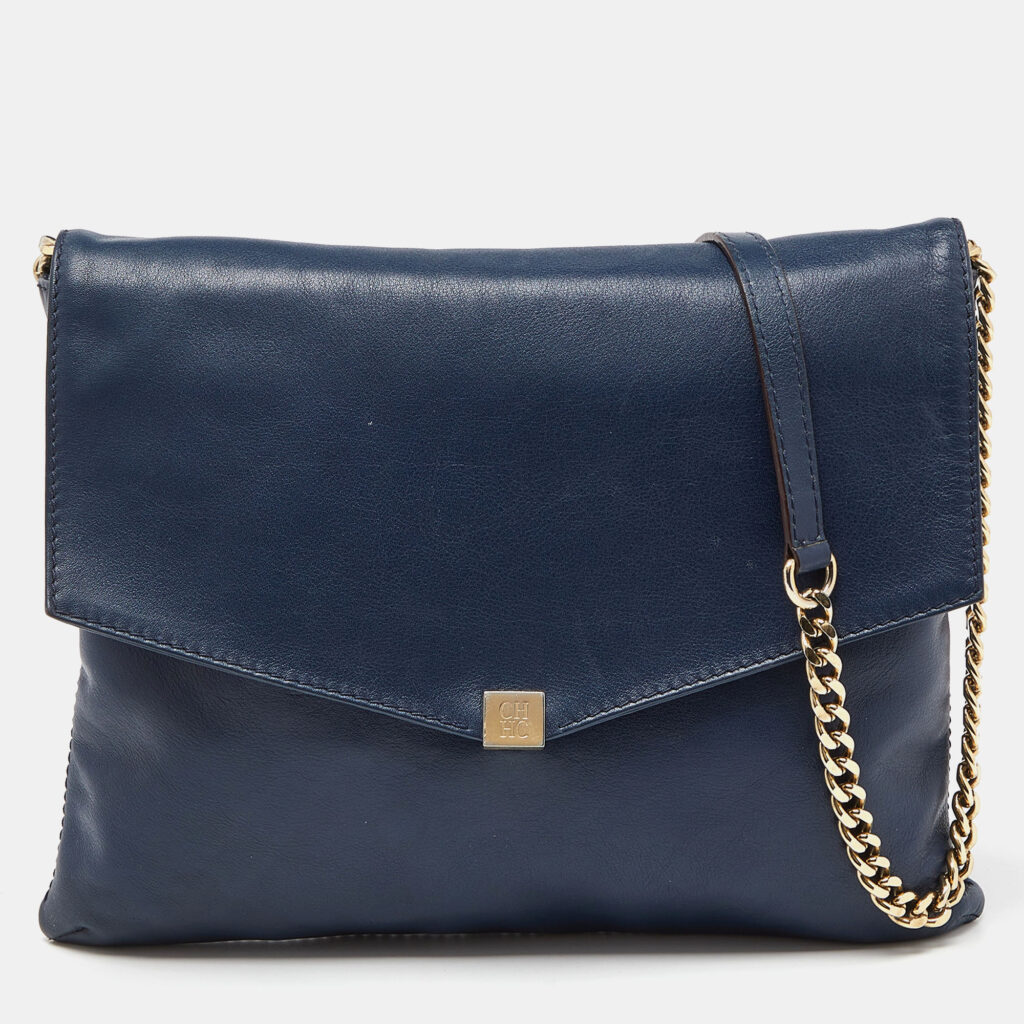 luxury-women-carolina-herrera-used-handbags-p940617-008 Carolina Herrera Navy Blue Leather Envelope Chain Shoulder Bag