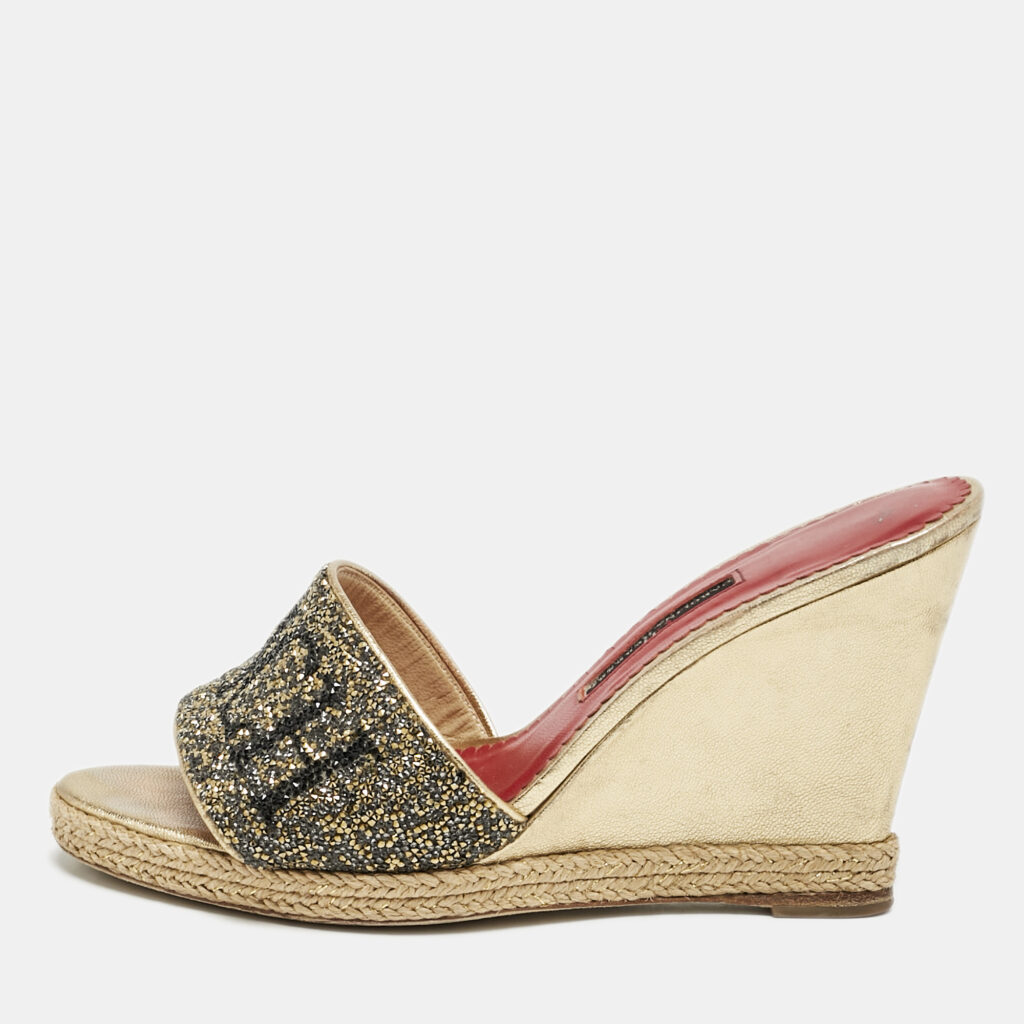luxury-women-carolina-herrera-used-shoes-p1169396-001 Carolina Herrera Gold Glitter and Leather Logo Wedge Sandals Size 37