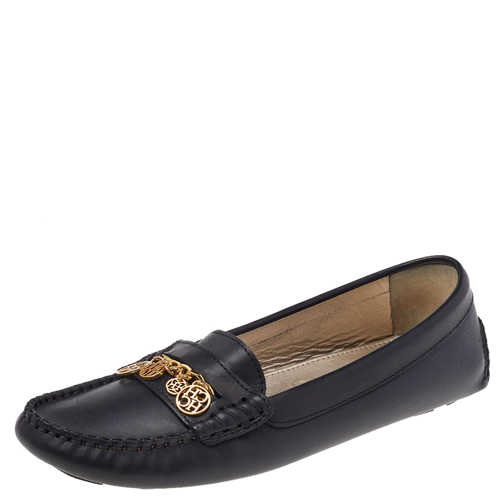 luxury-women-carolina-herrera-used-shoes-p492116-002 CH Carolina Herrera Black Leather Logo Charm Detail Slip On Loafers Size 39