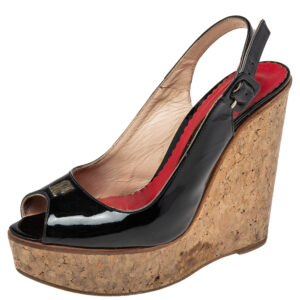 CH Carolina Herrera Black Patent Leather Peep-Toe Cork Wedge Platform Slingback Sandals Size 37