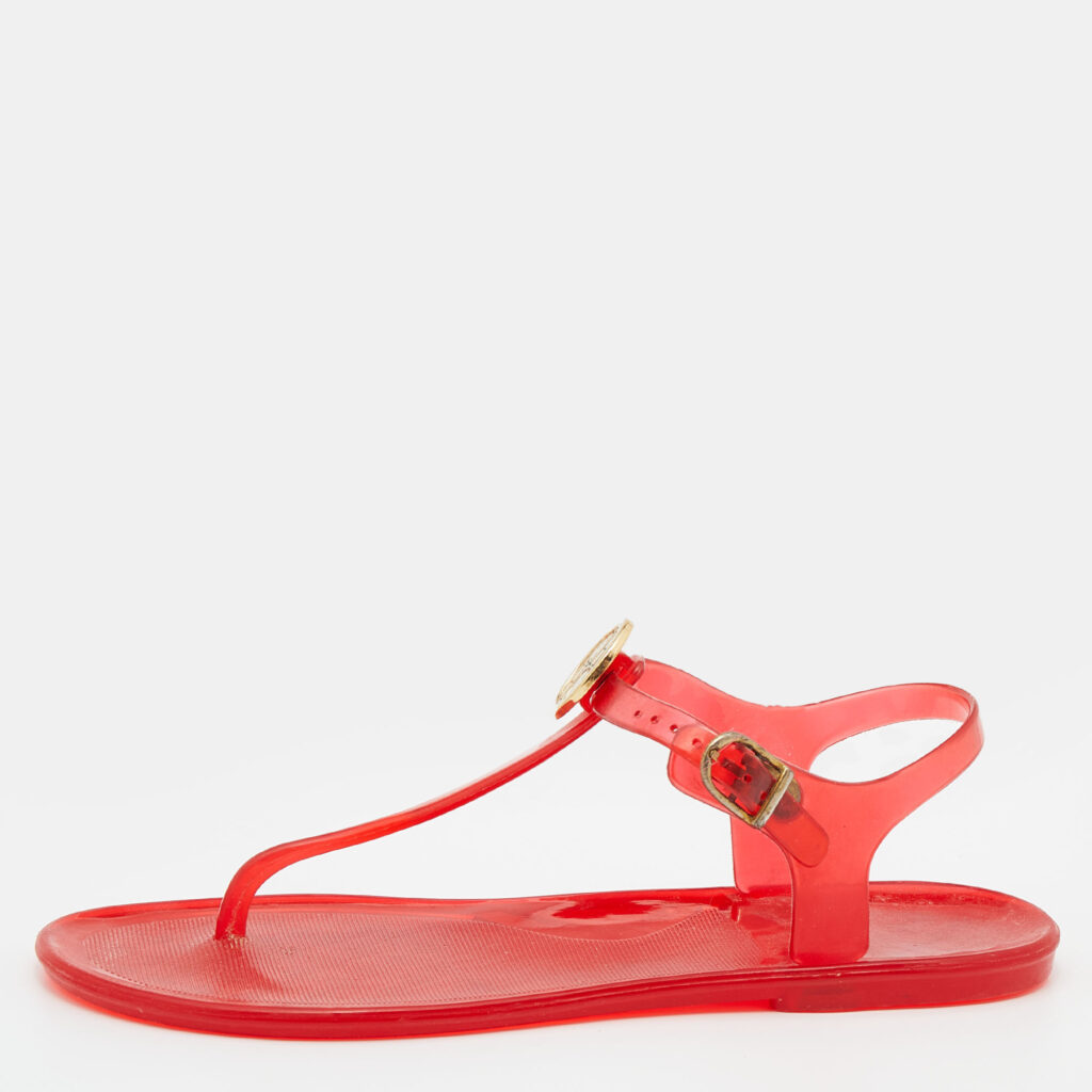 luxury-women-carolina-herrera-used-shoes-p627685-002-2 CH arolina Herrera Red Rubber Logo Thong Flat Sandals Size 37