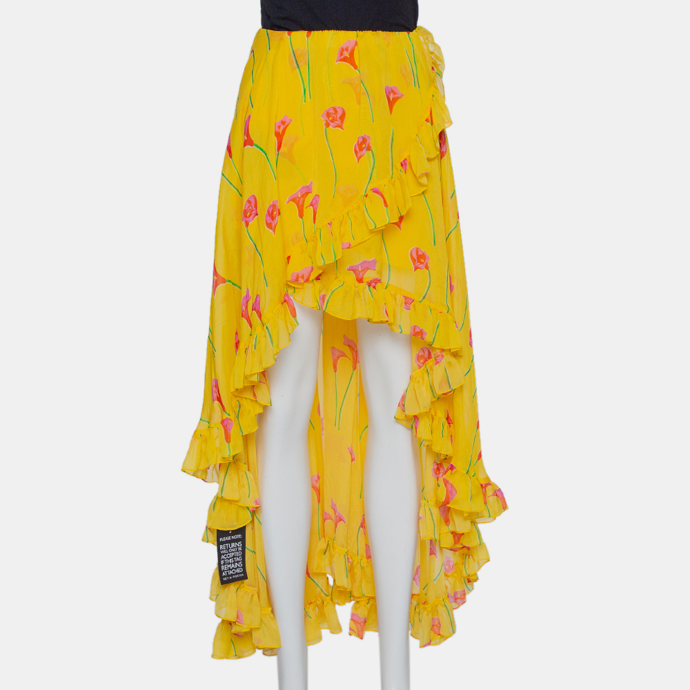 luxury-women-caroline-constas-new-clothes-p434020-008 Caroline Constas Yellow Printed Silk Ruffled Asymmetric Hem Adelle Midi Skirt M