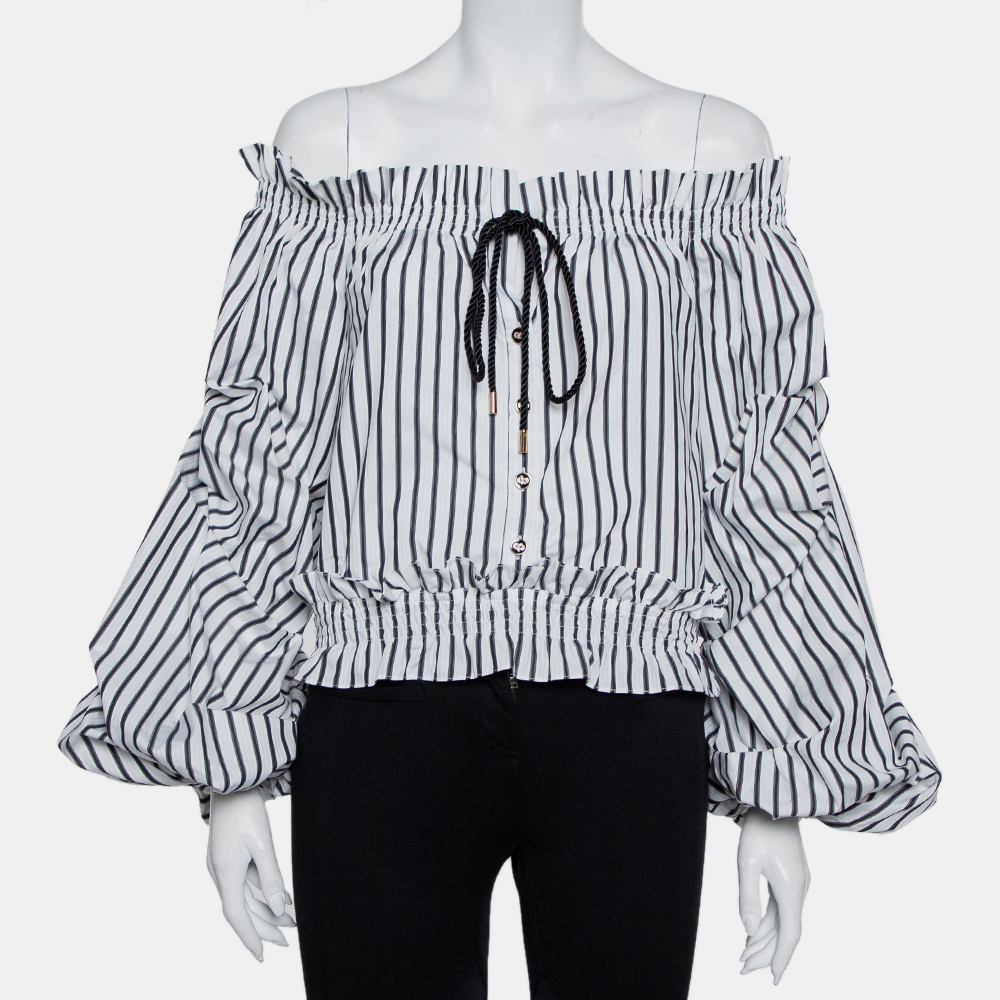luxury-women-caroline-constas-used-clothes-p433979-008 Caroline Constas White Striped Cotton Off Shoulder Ruffled Crop Top XS