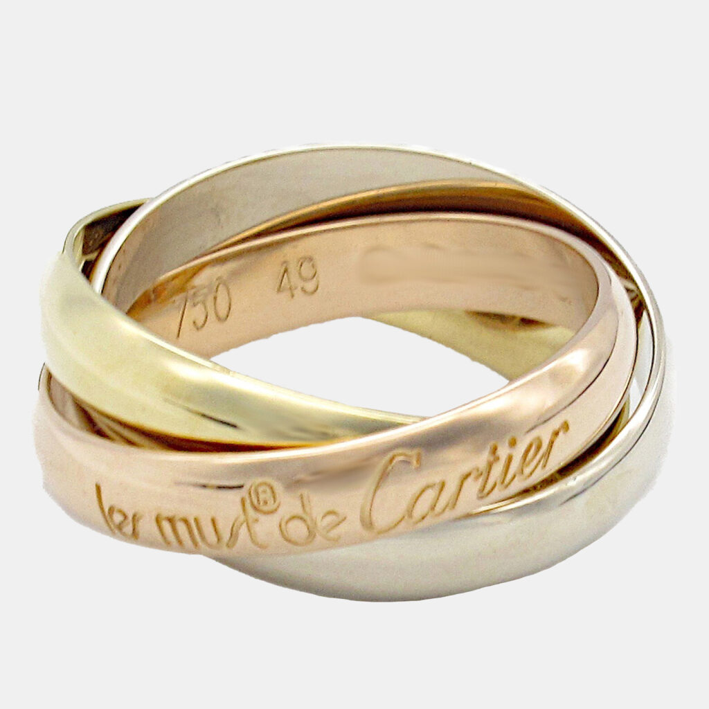 luxury-women-cartier-used-fine-jewelry-p1146972-005 Cartier 18K Yellow, Rose, White Gold Trinity Ring EU 49