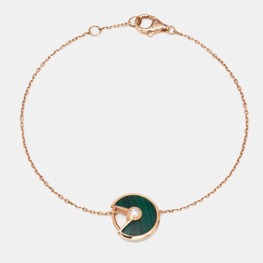 luxury-women-cartier-used-fine-jewelry-p1147143-005 Cartier Amulette De Cartier Malachite Diamond 18k Rose Gold XS Model Bracelet
