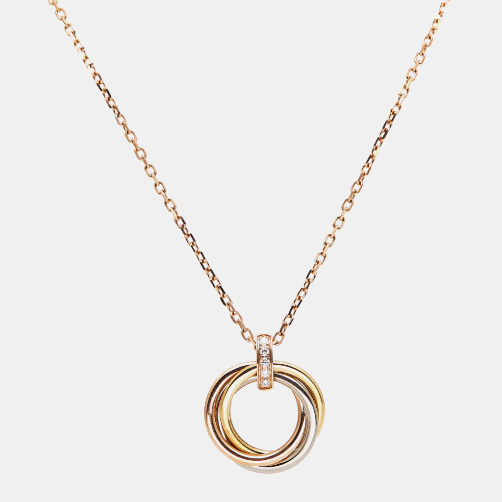 luxury-women-cartier-used-fine-jewelry-p962987-006 Cartier Trinity Diamond 18K Three Tone Gold Pendant Necklace