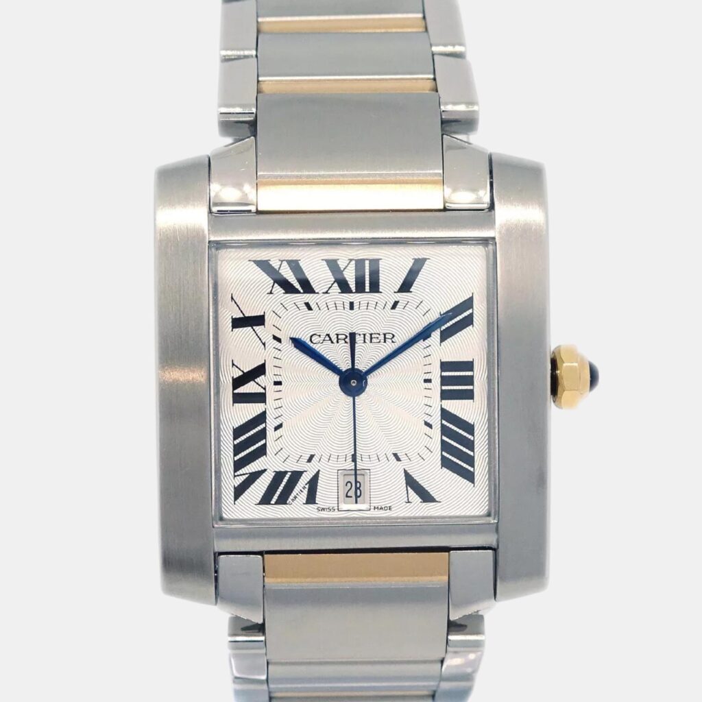 luxury-women-cartier-used-watches-p1127260-001 Cartier Silver 18k Yellow Gold Stainless Steel Tank Francaise 2302 Automatic Women's Wristwatch 27 mm
